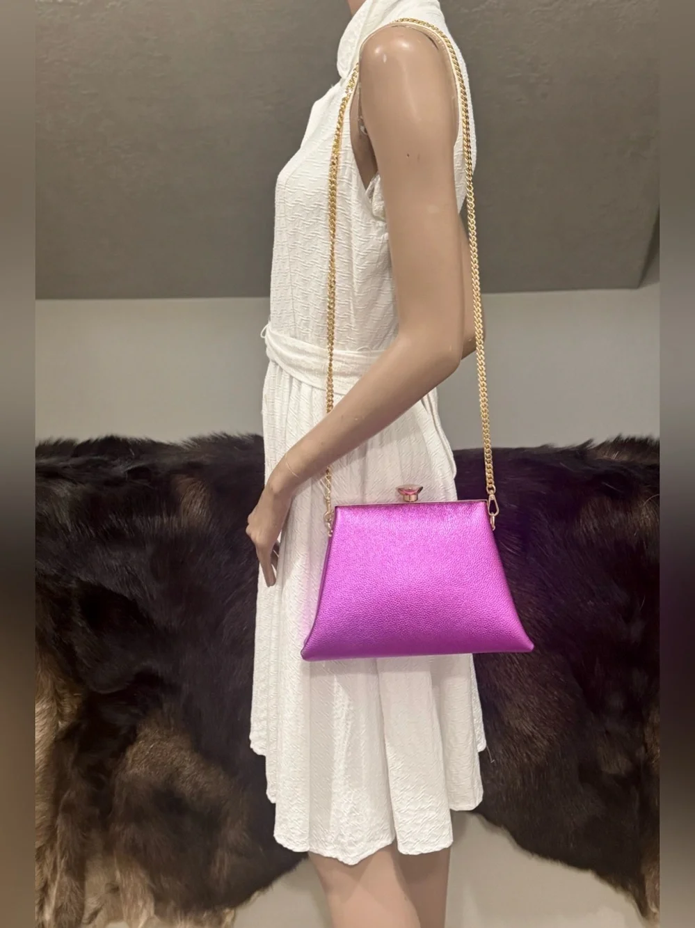 Metallic Purple Pebble Cowhide Handmade Push Lock Boxy Bag, Multi Use Style Bag
